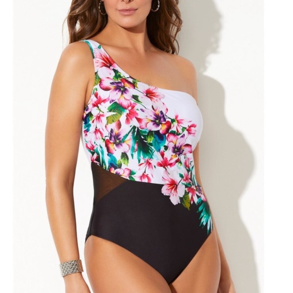 NWT Floral One-Shoulder Swimsuit Floral Sheer Cutout One Piece Size 6 - Picture 1 of 5